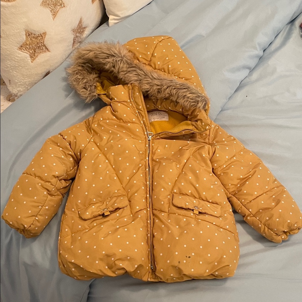 Zara Mustard Polka Dot Jacket with Faux Fur